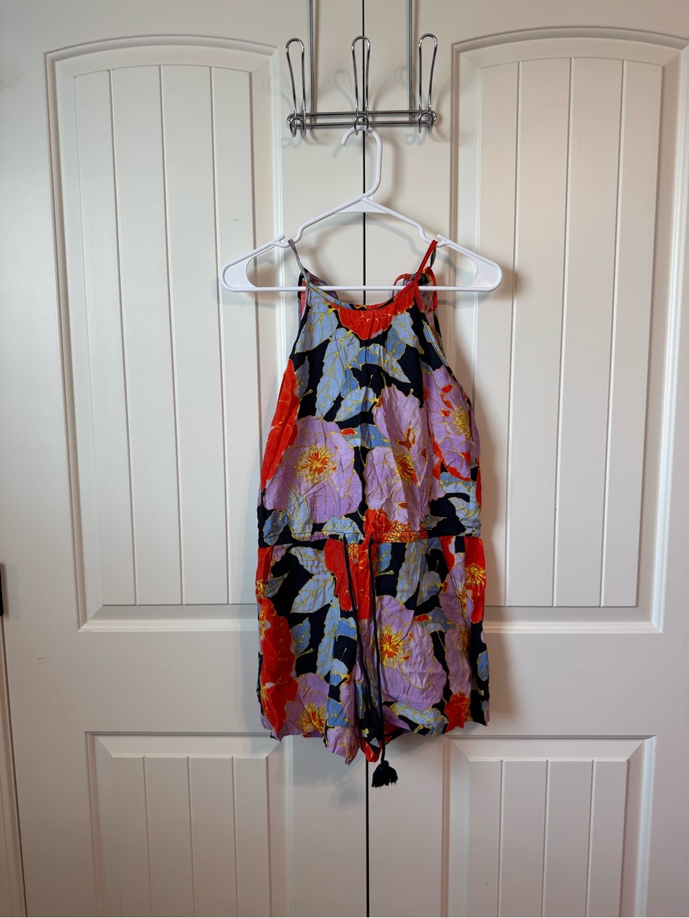 LOFT Floral Halter Romper in Black, Red & Lavender